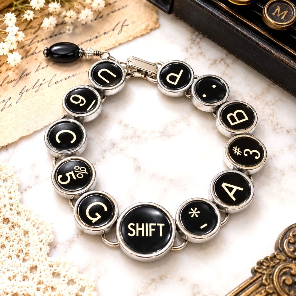 Vintage Typewriter Key Bracelet Artisan Crafted Black Silver Tone 8"